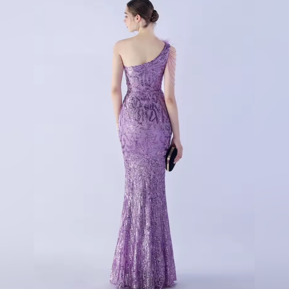 Purple,  Geo Print, Assymmetrical Neck,  Ostrich Feather, Beaded,  Sequined Gown - Picture 3 of 16